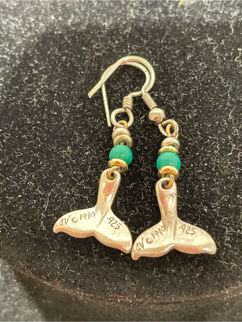 Vintage 925 Sterling Silver Stamped DV 1990 Whale Tail Turquoise Stone Earrings